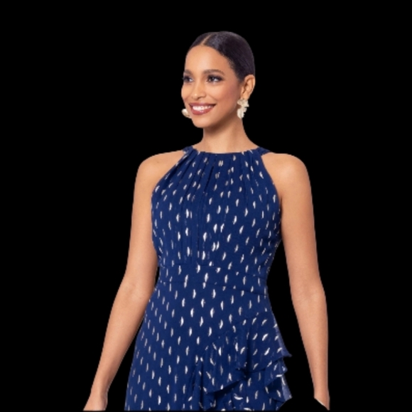 Betsy & Adam Gown, Sz 8, Halter, Royal Blue Geometric Print, Ruffle Accent, NEW! - Picture 4 of 17